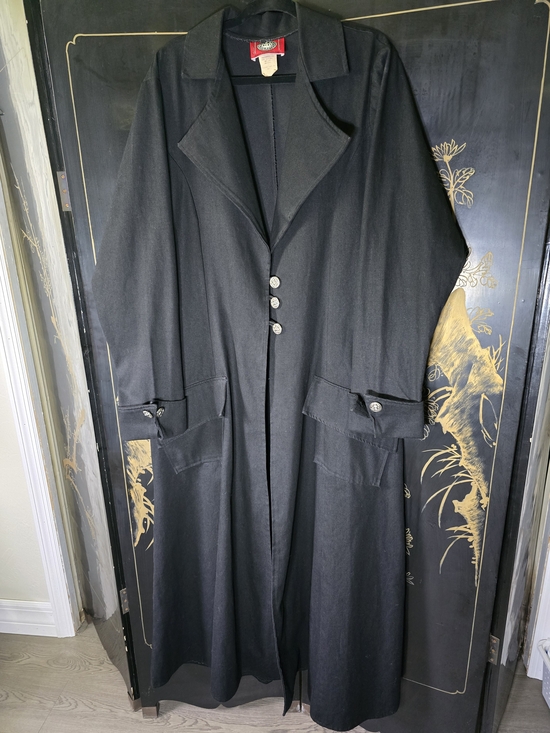 Redballs on Fire Jackets & Blazers - Vintage 90s Redballs on Fire Reverend Black Denim Duster Trench Coat Goth